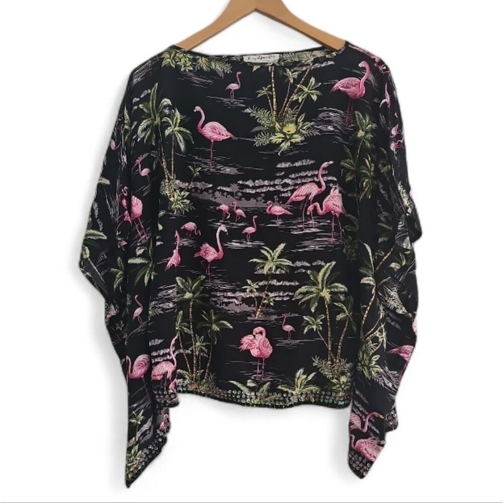 Key Lime Pie Tropical Flamingo Rayon Kimono Top Sz M Resortwear Cruise Vacation